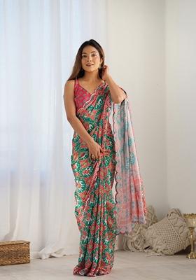 Green Mirror Work Printed Chinon Saree Set