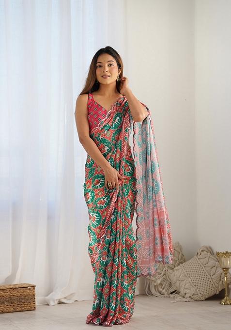 Green Mirror Work Printed Chinon Saree Set
