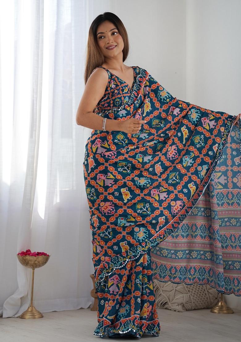 Teal Mirror Work Printed Chinon Saree Set