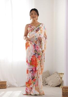 Multicolor Mirror Work Printed Chinon Saree Set