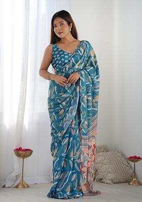 Blue Mirror Work Printed Chinon Saree Set