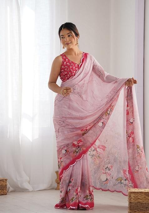 Pink Mirror Work Printed Chinon Saree Set