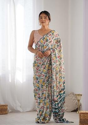 Multicolor Mirror Work Printed Chinon Saree Set
