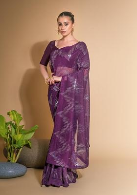 Wine Sequin Embroidered Georgette Saree Set