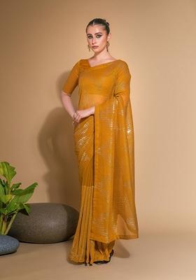 Mustard Yellow Sequin Embroidered Georgette Saree Set