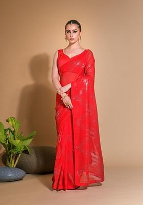 Red Sequin Embroidered Georgette Saree Set