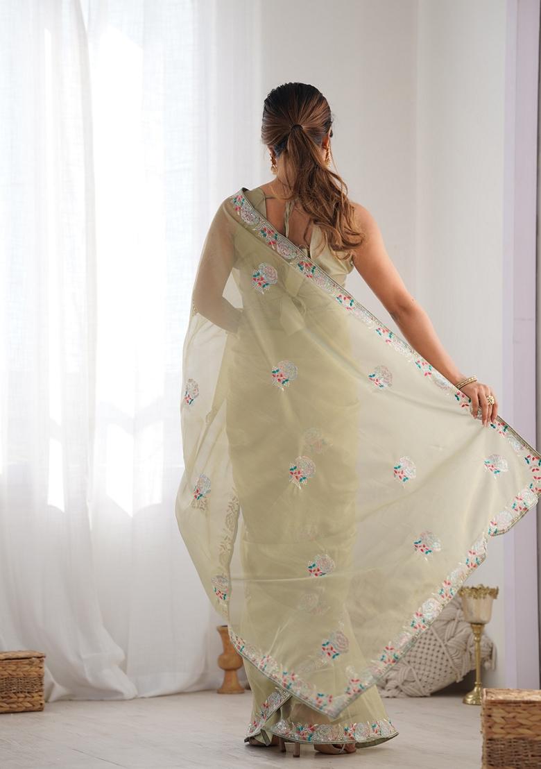 Pista Green Sequin Embroidered Net Saree Set