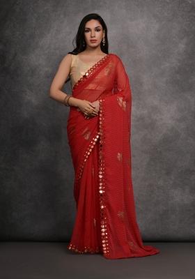 Red Mirror Work Chiffon Saree Set