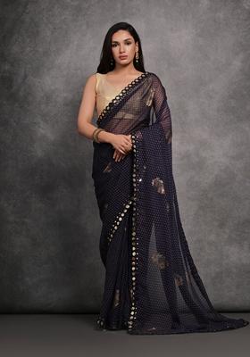 Navy Blue Mirror Work Chiffon Saree Set