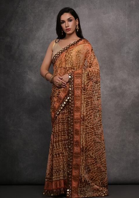 Brown Mirror Work Chiffon Saree Set