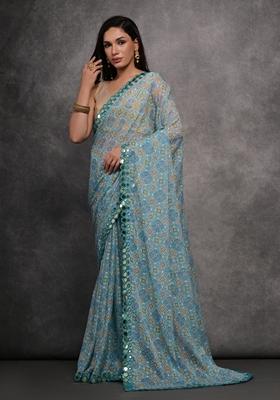 Sky Blue Mirror Work Chiffon Saree Set