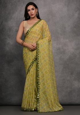 Mehendi Green Mirror Work Chiffon Saree Set