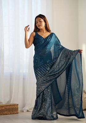 Teal Sequin Embroidered Georgette Saree Set