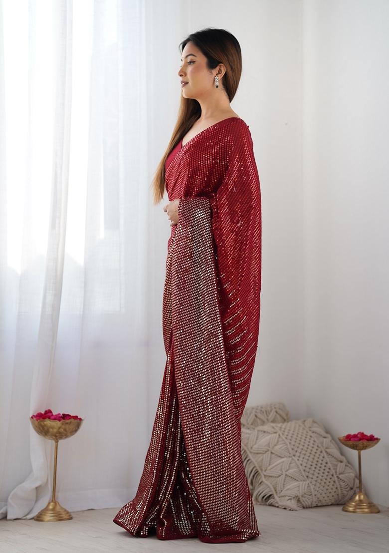 Maroon Sequin Embroidered Georgette Saree Set