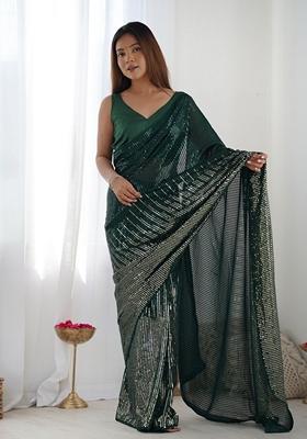 Bottle Green Sequin Embroidered Georgette Saree Set