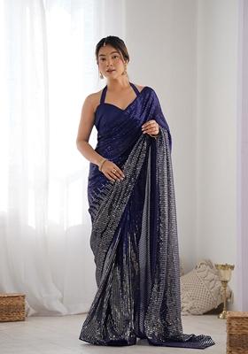 Navy Blue Sequin Embroidered Georgette Saree Set