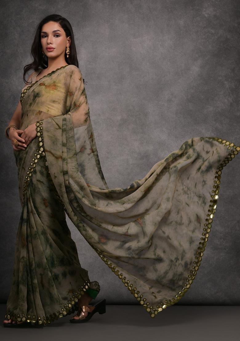 Grey Mirror Work Printed Chiffon Saree Set