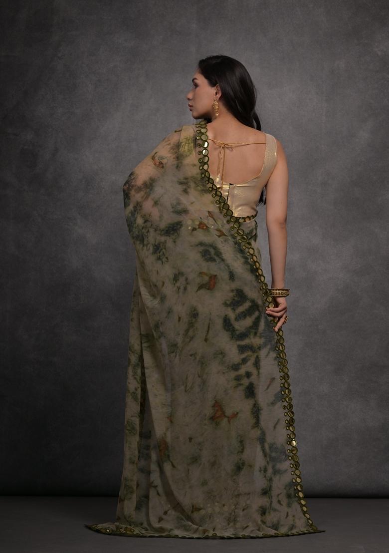 Grey Mirror Work Printed Chiffon Saree Set