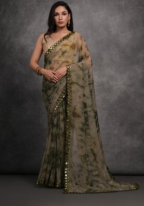 Grey Mirror Work Printed Chiffon Saree Set