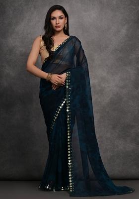 Navy Blue Mirror Work Printed Chiffon Saree Set
