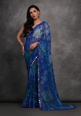 Blue Mirror Work Printed Chiffon Saree Set