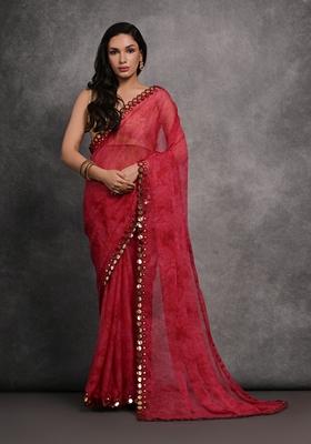 Pink Mirror Work Printed Chiffon Saree Set