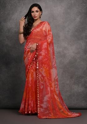 Red Mirror Work Printed Chiffon Saree Set