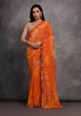 Orange Mirror Work Printed Chiffon Saree Set