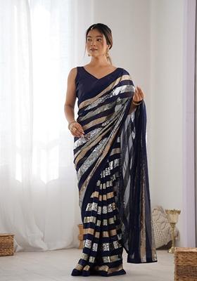 Navy Blue Sequin Embroidered Georgette Saree Set