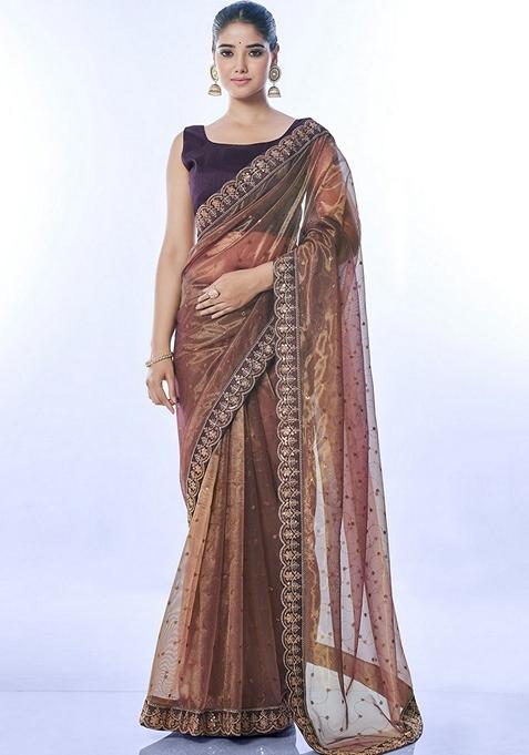 Brown Sequin Embroidered Net Saree Set