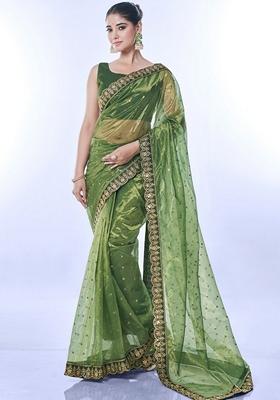 Green Sequin Embroidered Net Saree Set