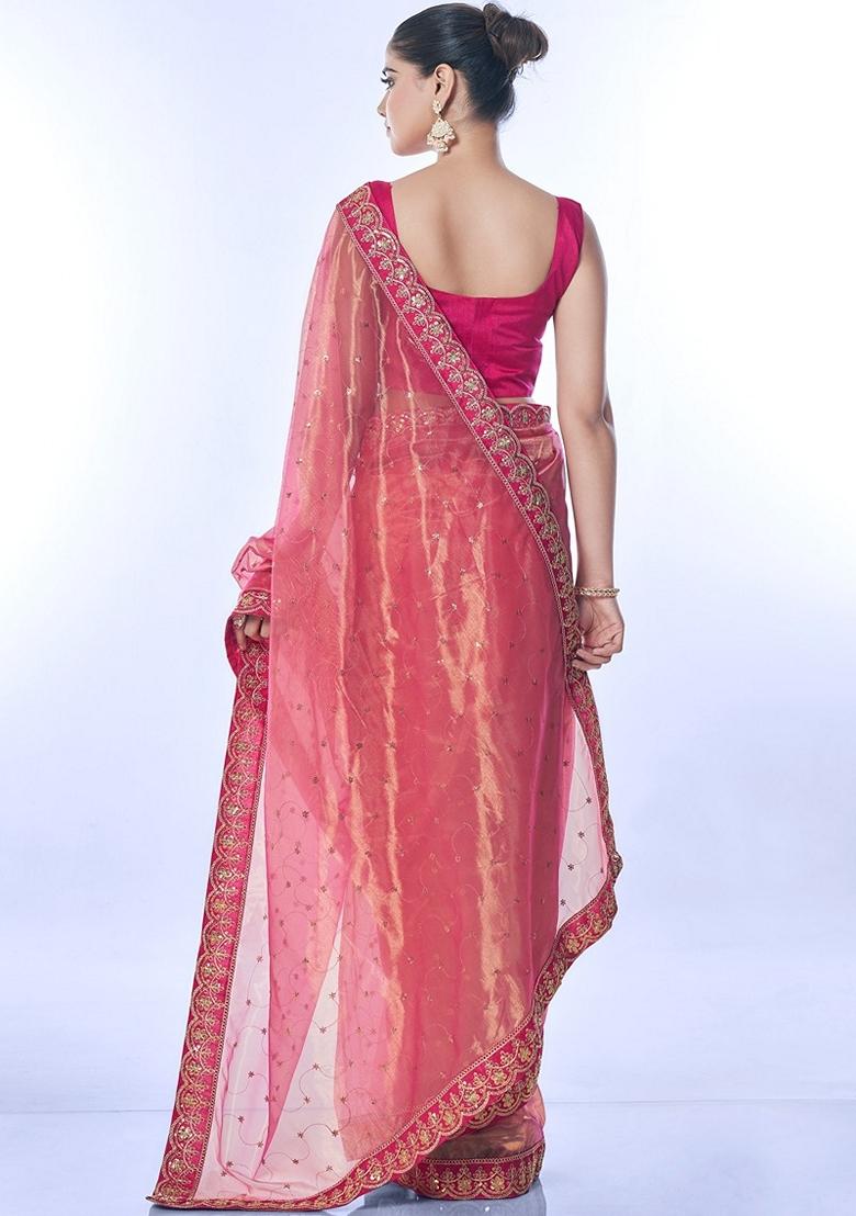 Pink Sequin Embroidered Net Saree Set