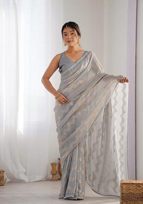 Grey Sequin Embroidered Georgette Saree Set