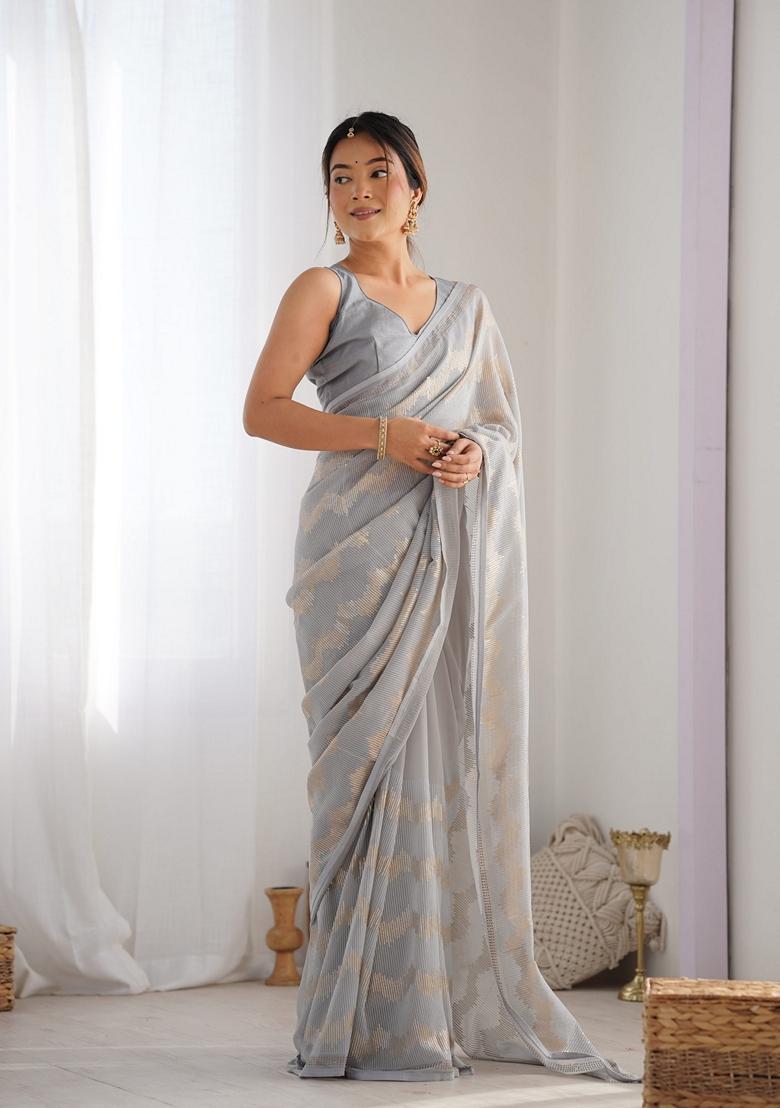 Grey Sequin Embroidered Georgette Saree Set