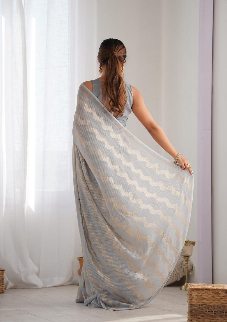 Grey Sequin Embroidered Georgette Saree Set