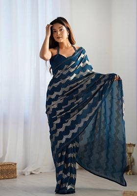 Teal Sequin Embroidered Georgette Saree Set
