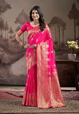 Pink Jacquard Soft Lichi Silk Saree Set