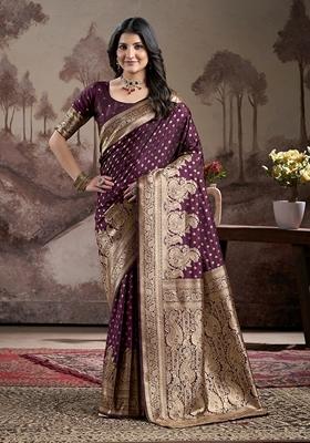 Wine Jacquard Soft Lichi Silk Saree Set