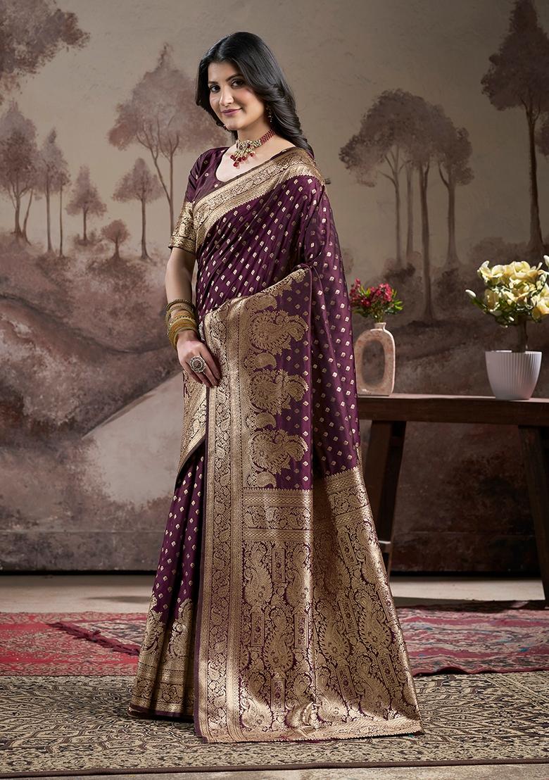 Wine Jacquard Soft Lichi Silk Saree Set