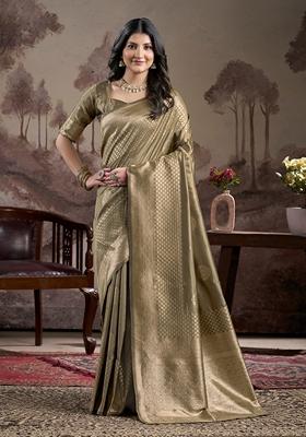 Beige Jacquard Soft Lichi Silk Saree Set