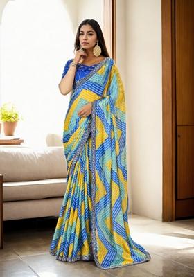 Multicolor Bandhani Print Embroidered Chinon Saree Set