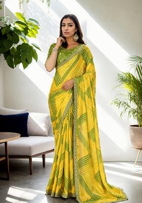 Yellow Bandhani Print Embroidered Chinon Saree Set