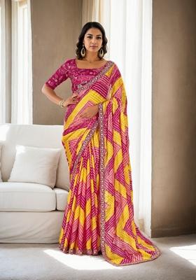 Multicolor Bandhani Print Embroidered Chinon Saree Set