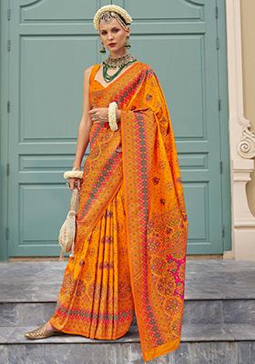 Orange Meenakari Work Banarasi Silk Saree Set