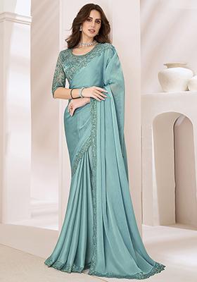 Turquoise Sequin Embroidered Georgette Saree Set