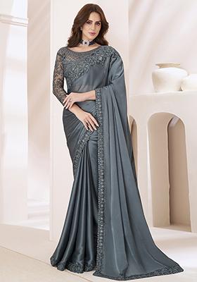 Dark Grey Sequin Embroidered Georgette Saree Set