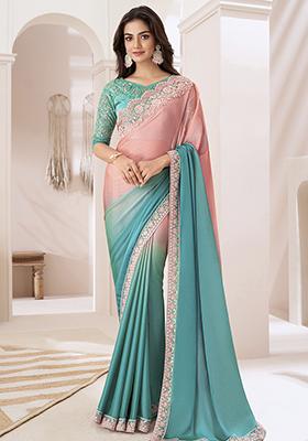 Turquoise Sequin Embroidered Chiffon Saree Set