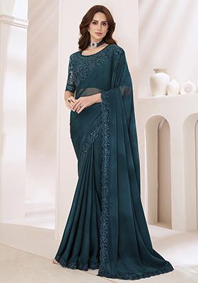 Dark Teal Sequin Embroidered Chiffon Saree Set