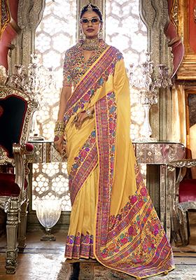 Yellow Woven Printed Silk Saree Set