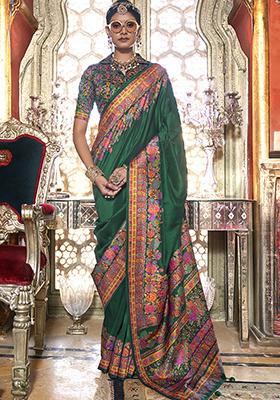 Dark Green Woven Printed Silk Saree Set